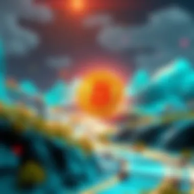 A futuristic landscape showcasing blockchain technology at work with Redicoin as a focal point